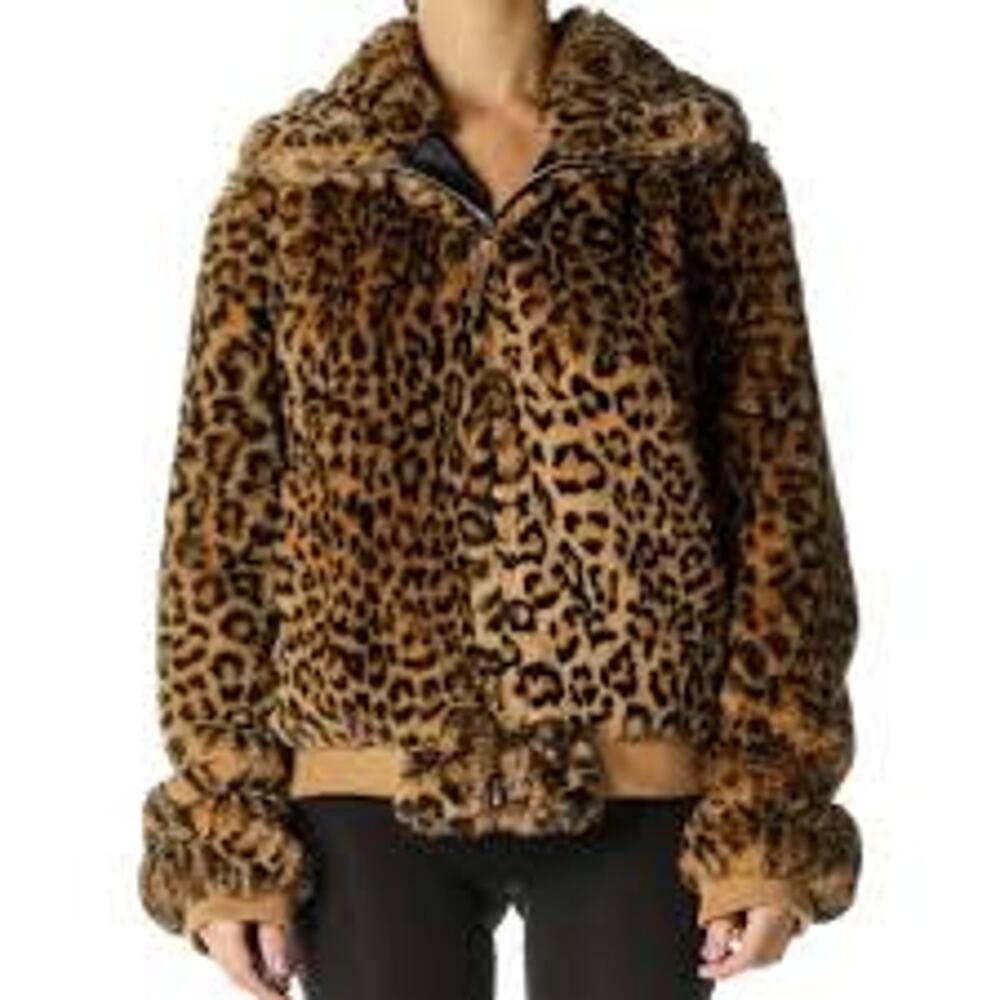 Generation Love Heidi Bomber Jacket Leopard Print Faux Fur Pockets Brown Large